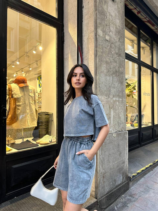 Acid Wash Boxy Crop And Sweat Short Set