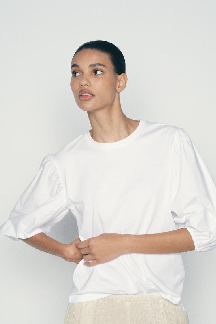 Slim Fit Puff Sleeve Top with Three-Quarter Sleeves
