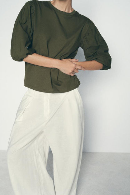 Slim Fit Puff Sleeve Top with Three-Quarter Sleeves