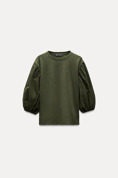 Slim Fit Puff Sleeve Top with Three-Quarter Sleeves