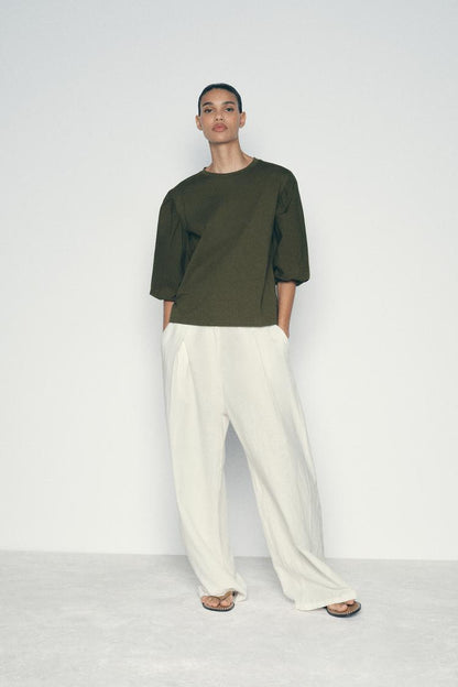 Slim Fit Puff Sleeve Top with Three-Quarter Sleeves