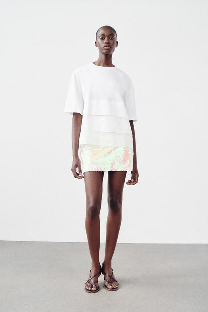 Oversized Pleated T-Shirt with Round Neckline