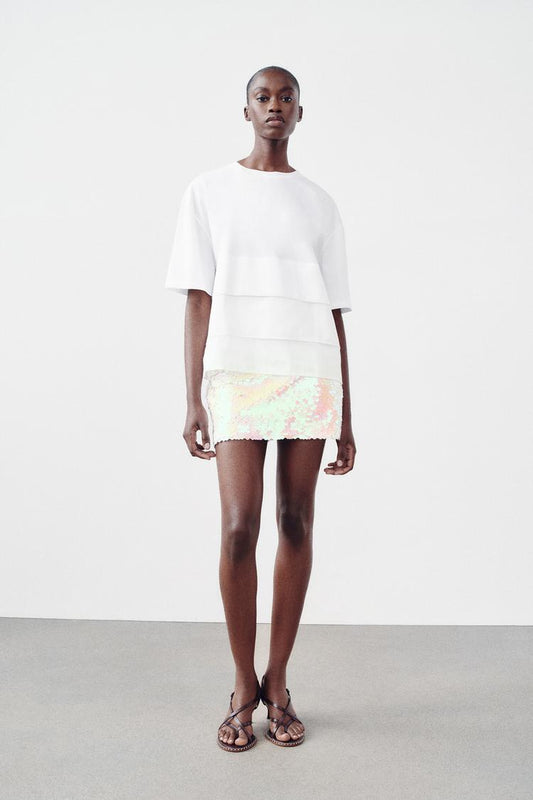 Oversized Pleated T-Shirt with Round Neckline