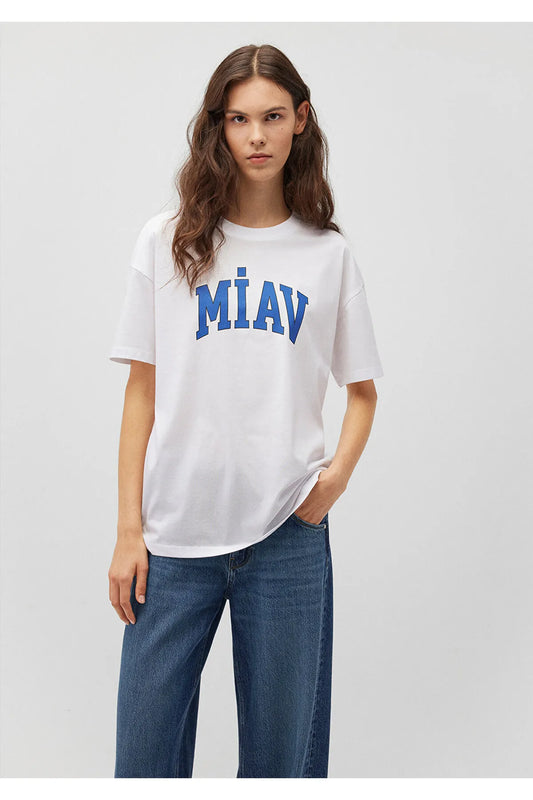 Blue Printed White T-Shirt Loose Fit / Loose Comfortable