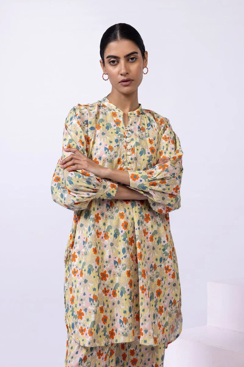Ripple Crinkle Floral Printed Kurta