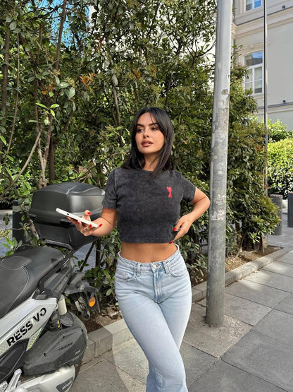 Ribbed Crop Top in Washed Black for Women