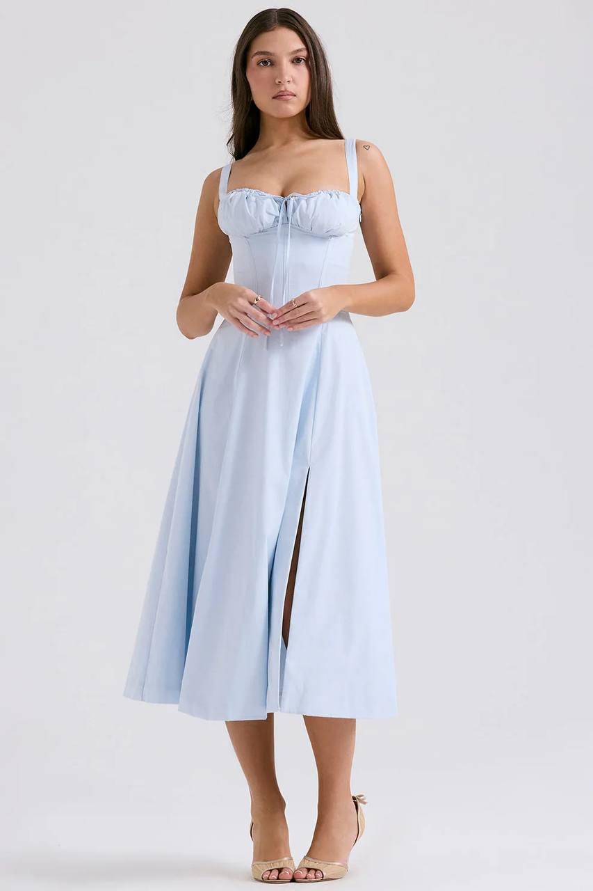 Blue Stretch Cotton Carmen Bustier Sundress