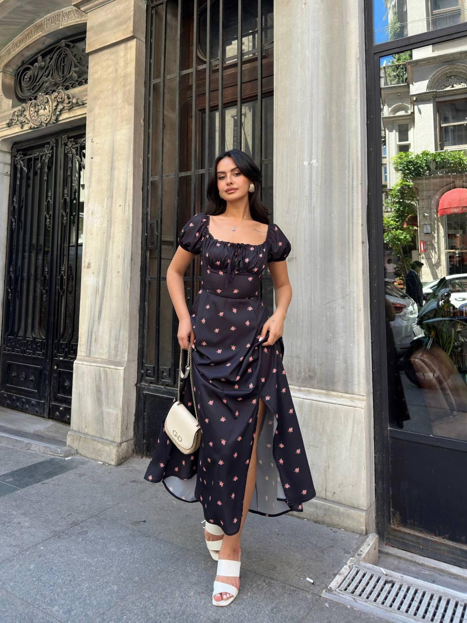 Floral Maxi Dress with Puff Sleeves – Black