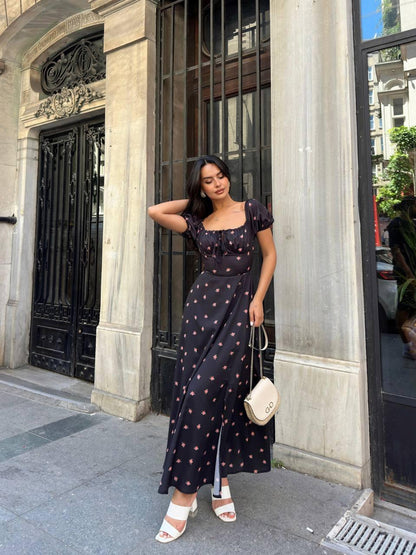 Floral Maxi Dress with Puff Sleeves – Black