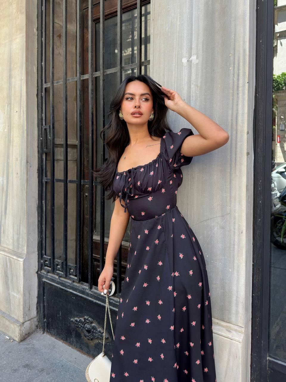 Floral Maxi Dress with Puff Sleeves – Black