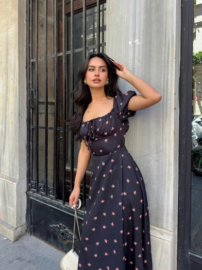 Floral Maxi Dress with Puff Sleeves – Black