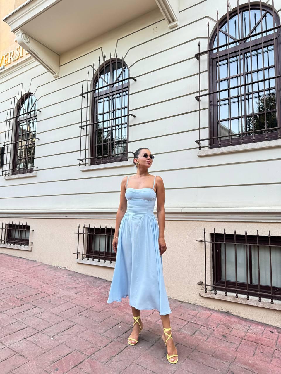 Sky Blue Midi Dress with Ruched Bodice