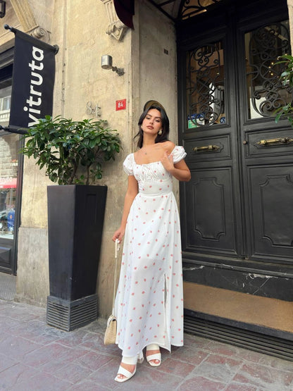 Floral Maxi Dress with Puff Sleeves in White