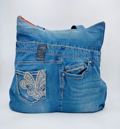 Embroidered Pocket Denim Tote Bag and Reversible Option