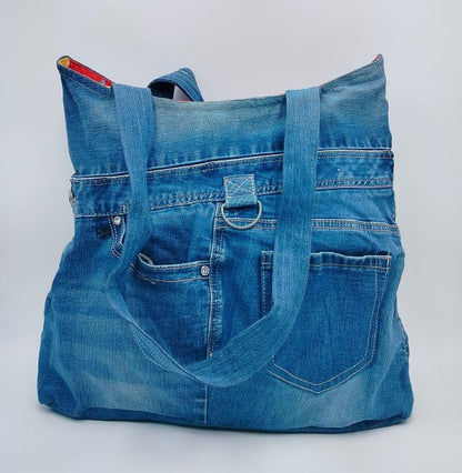 Embroidered Pocket Denim Tote Bag and Reversible Option