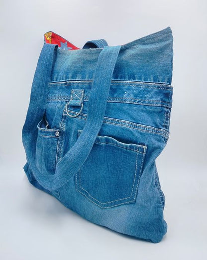 Embroidered Pocket Denim Tote Bag and Reversible Option